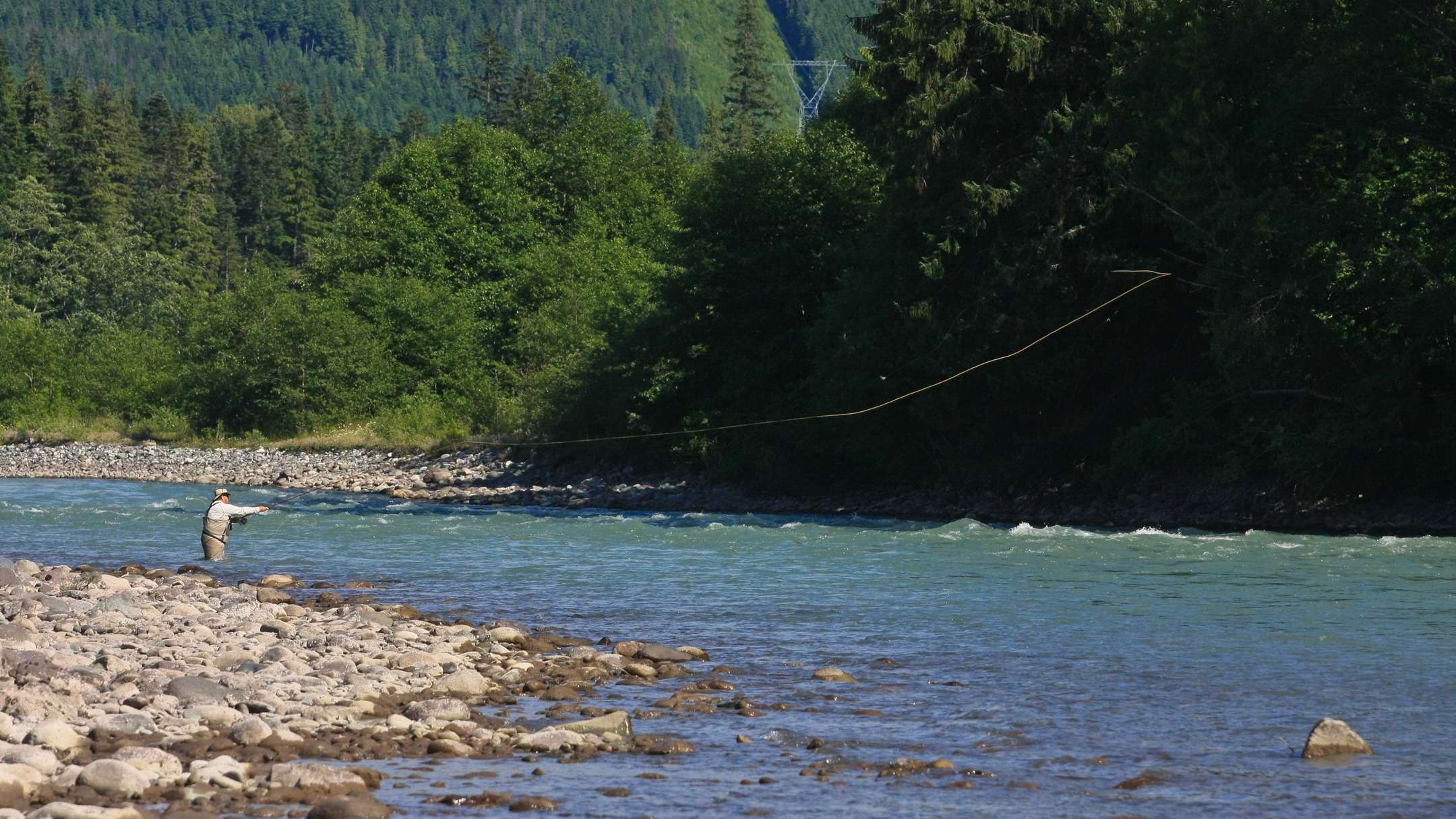 An angler fly fishing in a river beneath forested hills